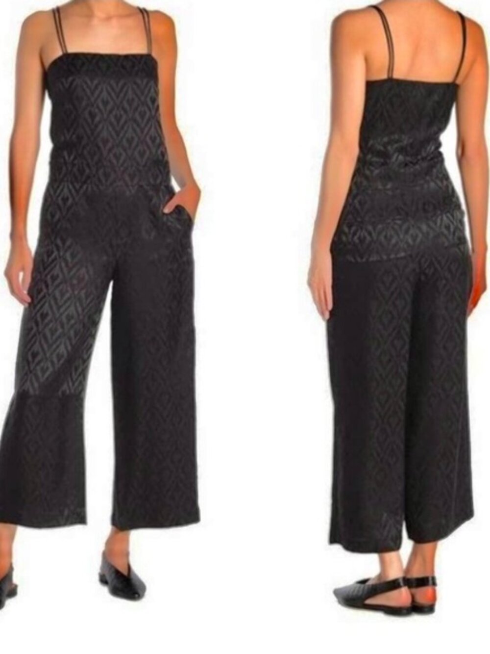 Theory Silk Blend Strappy Jacquard Wide Leg Black Jumpsuit Size 4 NWOT